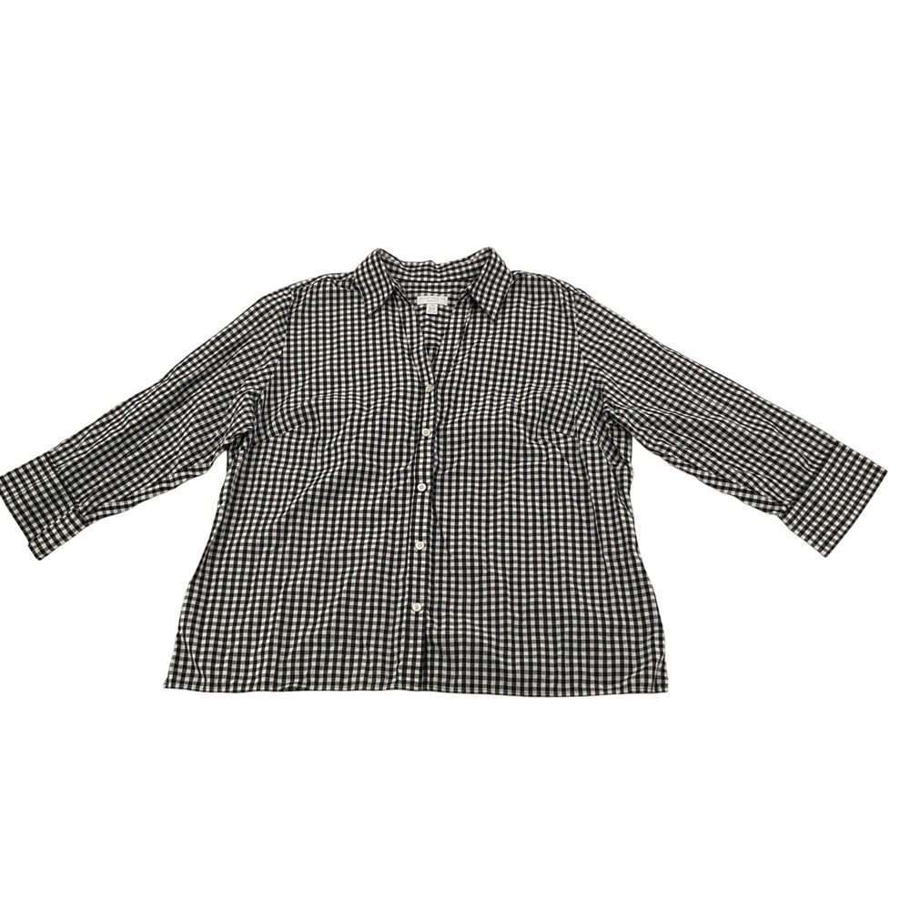 Charter Club Woman Shirt 16W Black White Gingham Cotton 3/4 Sleeve Preppy Top
